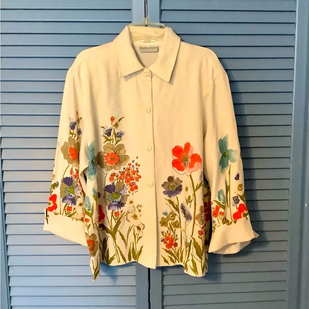 Linen Blend Draper’s & Damon’s Vintage Jacket Shacket Beaded Cream Floral PL